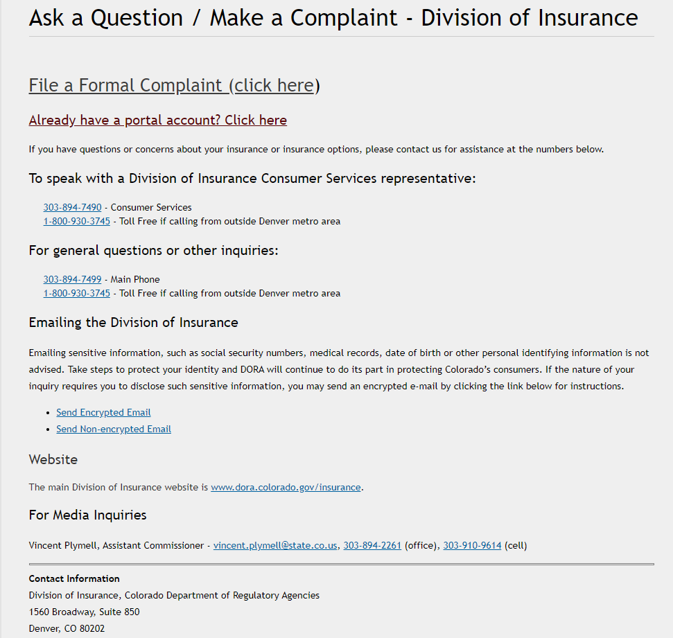 formal complaint for the Division of Insurance in Colorado to get a reimbursement